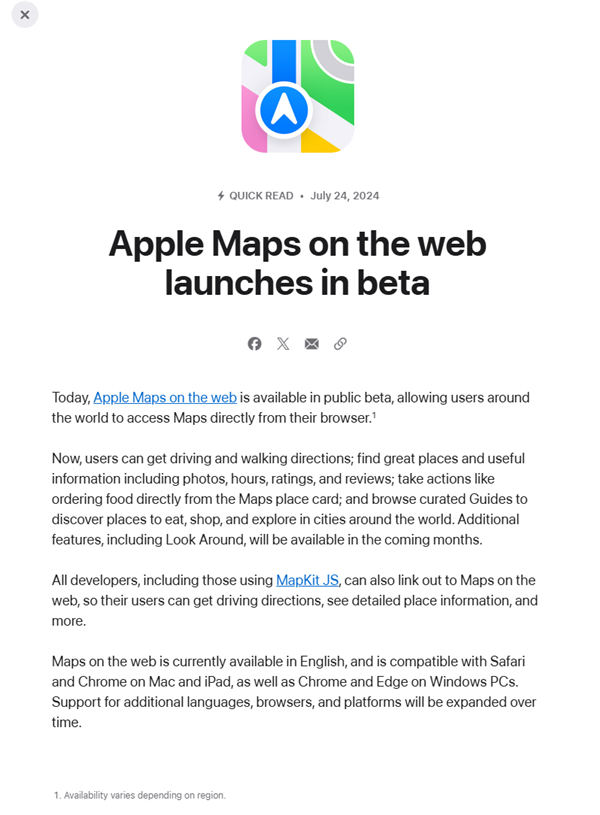 苹果发布《Apple Maps》网页版，现可支持Win PC上的Chrome与Edge浏览器