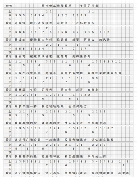 《原神》手写的从前琴谱简谱怎么弹