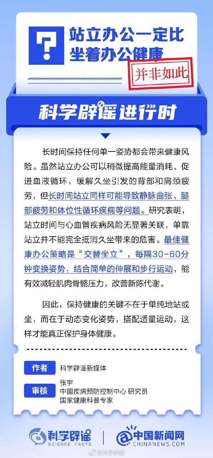 网络谣言每日辟谣（2024.12.27：站立办公一定比坐着办公健康）